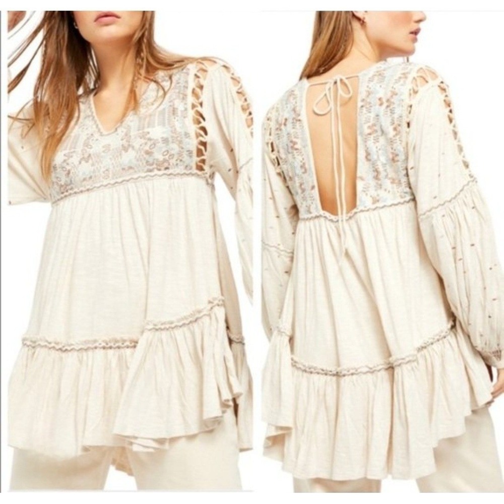 Free People Much Love Tunic Top Womens Sm Salt Walk On Fire Embroidered Boho NWT